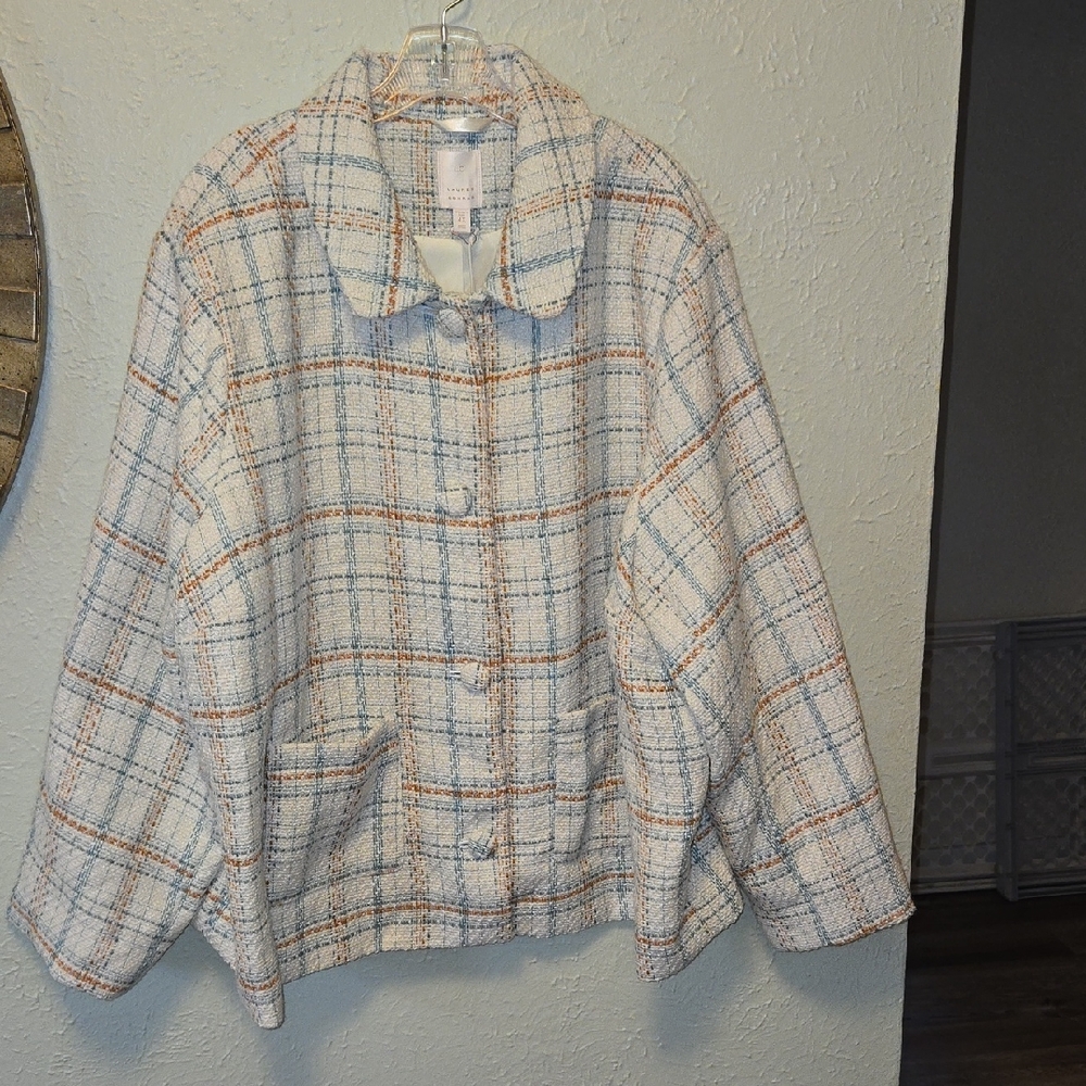LC Lauren Conrad Plaid Teddy Jacket - Cream and Blue